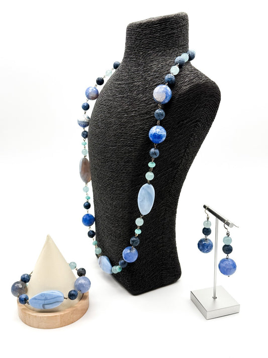 Chunky Blue Agate Beaded Necklace Bracelet Earrings Set Artisan Style