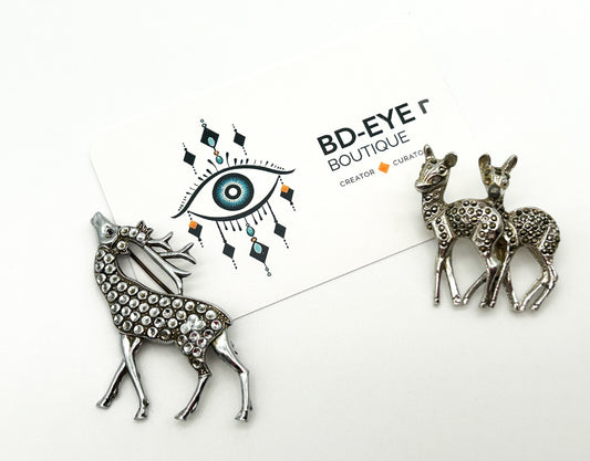 Vintage Deer & Stag Marcasite Brooch Pair Silver Tone