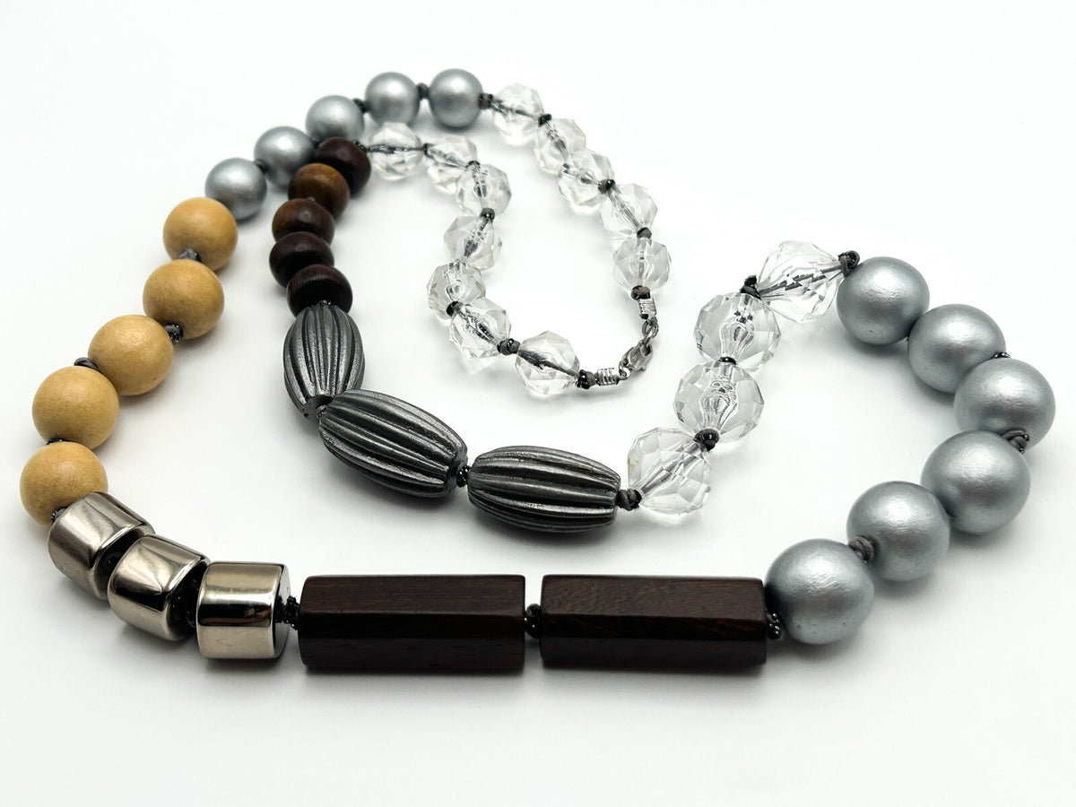 Mixed Material Statement Necklace Wood Silver Black Beads Chunky Modern 18”