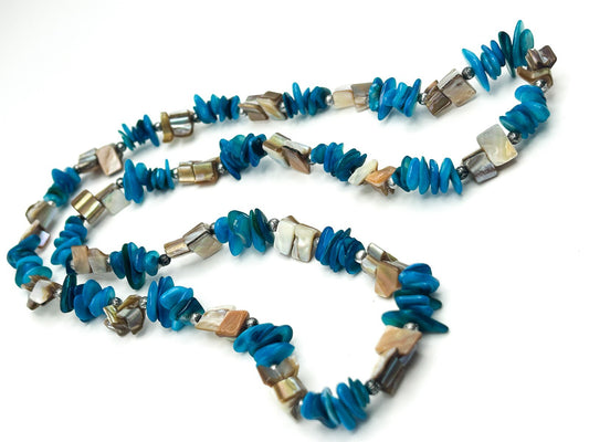 Long Blue & Cream Boho Mother of Pearl Shell Chip Iridescent Necklace