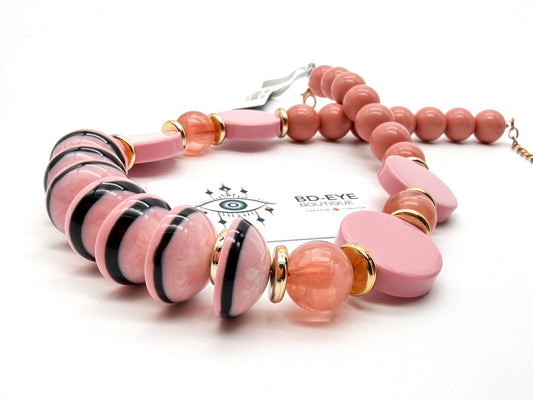 Retro Chunky Pink Acrylic Statement Necklace Disc Beads Gold Tone New w/Tag 23”