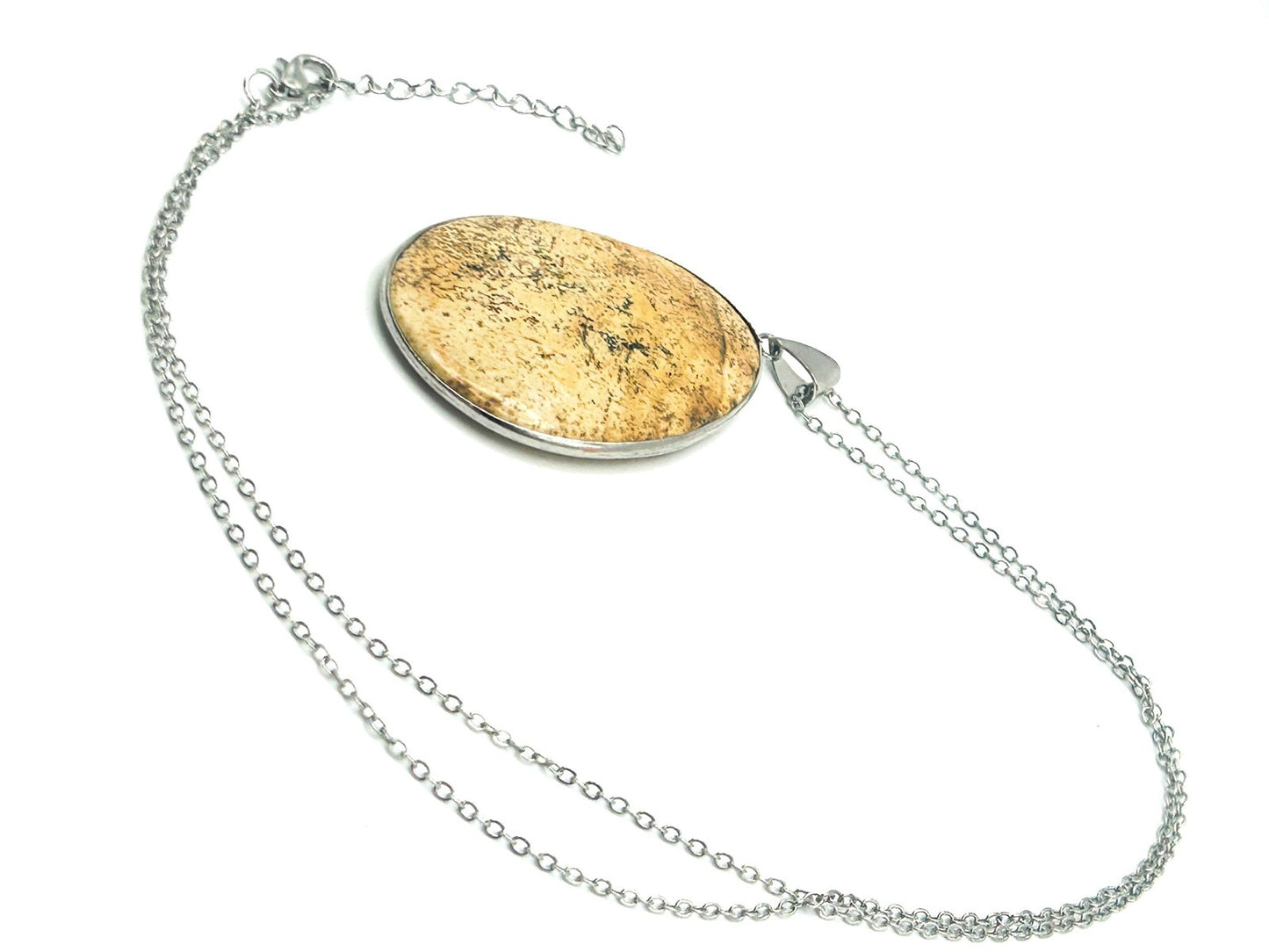 Picture Jasper Teardrop Pendant Necklace – Silver Tone 24" - Boho Gemstone Brown