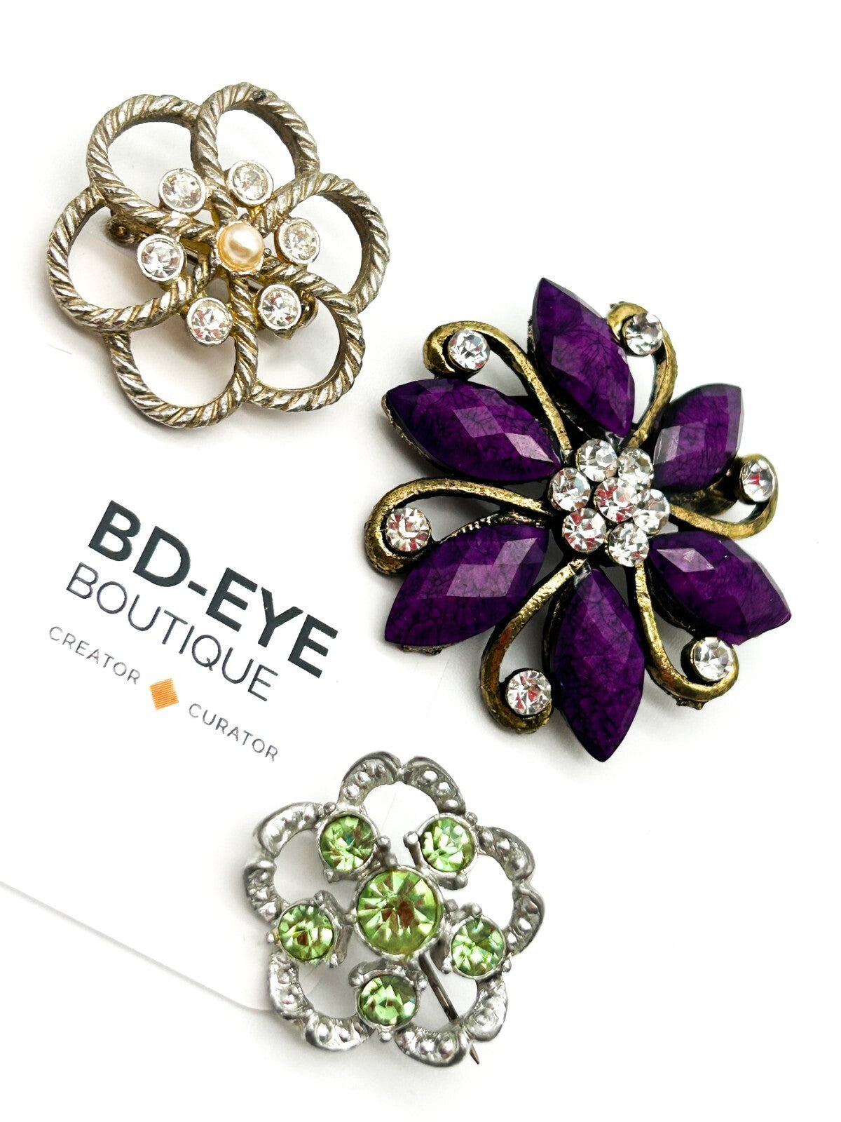 Vintage Floral Rhinestone Brooch Trio Purple Green Crystal Pins Bundle