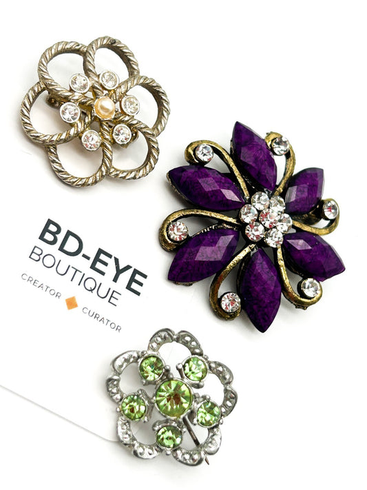 Vintage Floral Rhinestone Brooch Trio Purple Green Crystal Pins Bundle