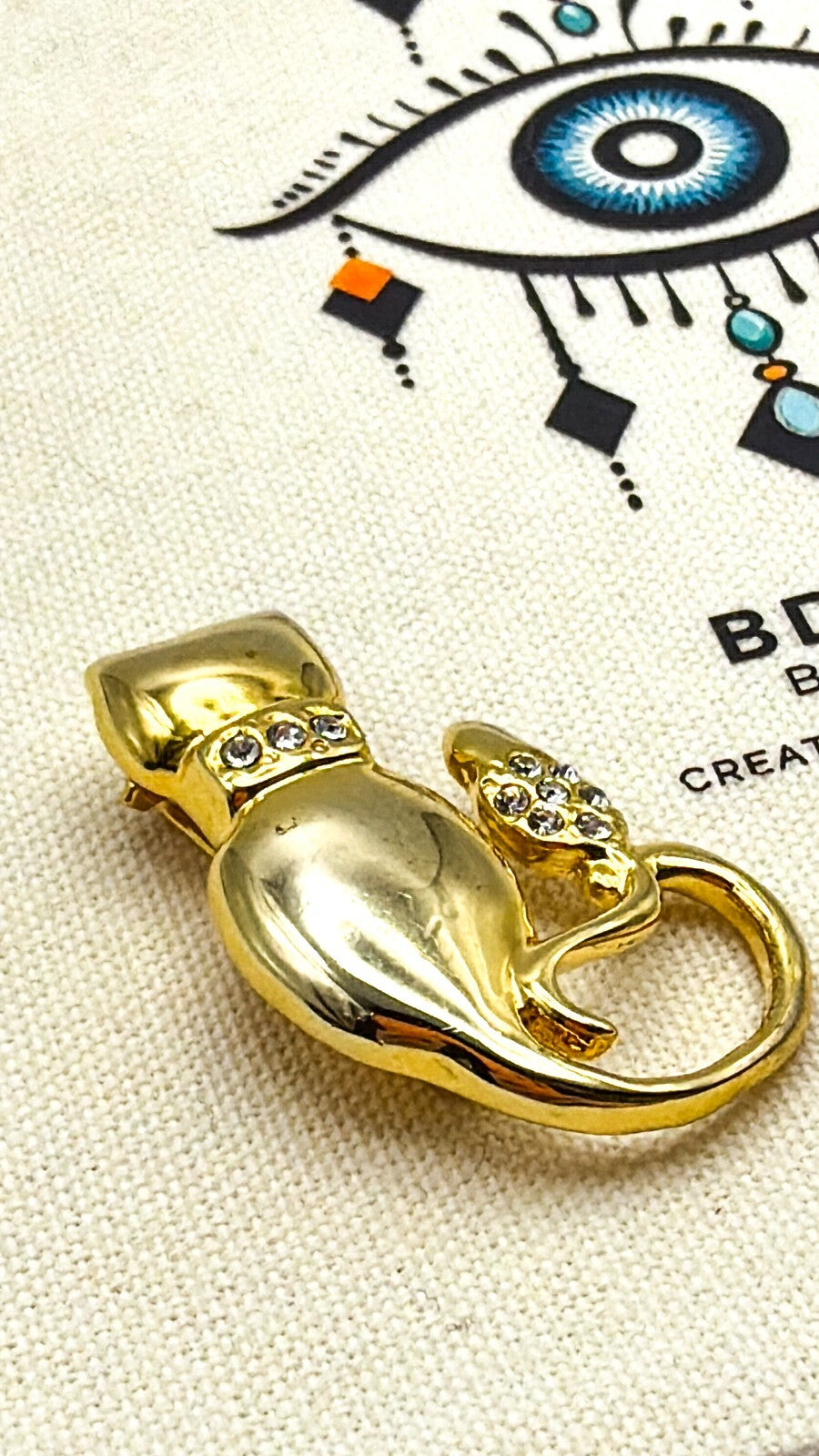 Cat & Bird Sitting Together Vintage Gold Tone Brooch With Rhinestone Sparkles