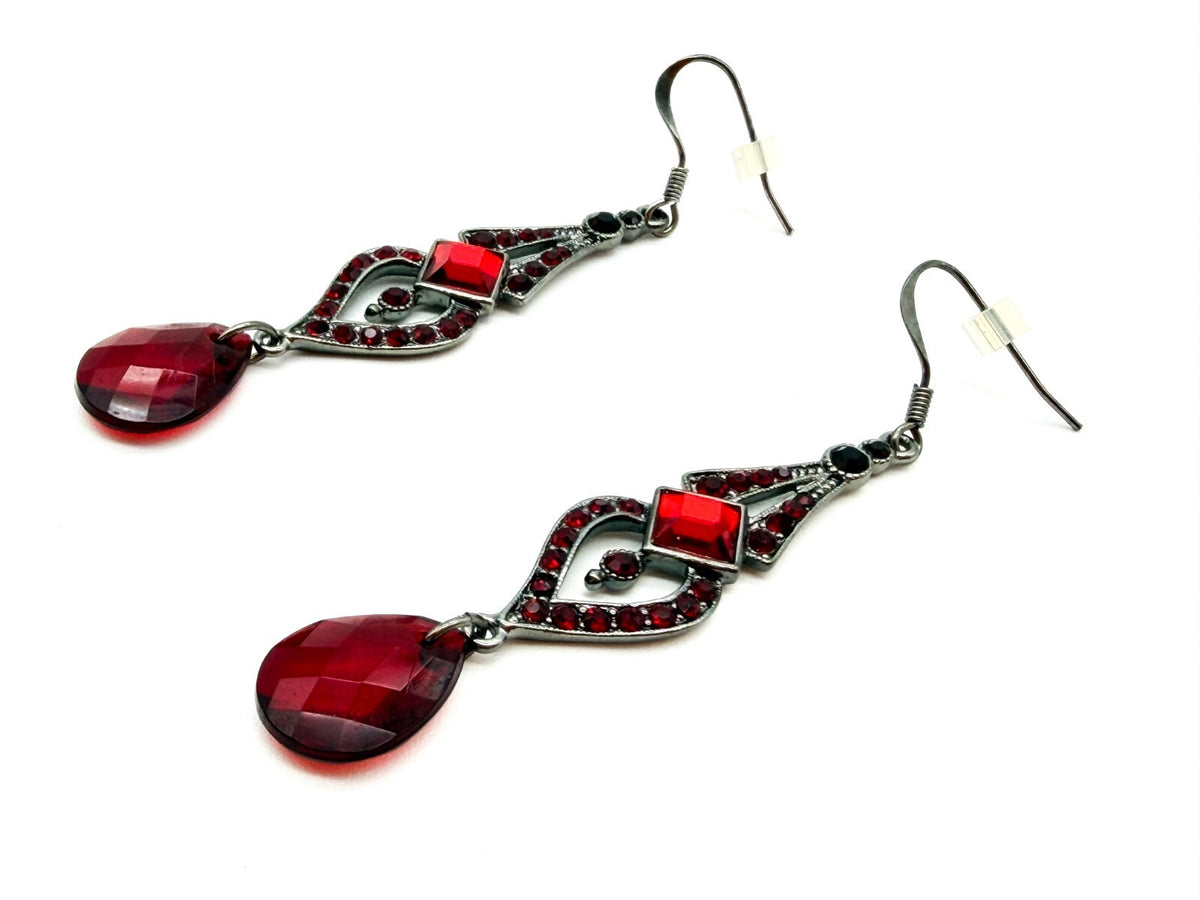 Art Deco Style Gothic Red Rhinestone Drop Earrings Gunmetal Teardrop Dangle