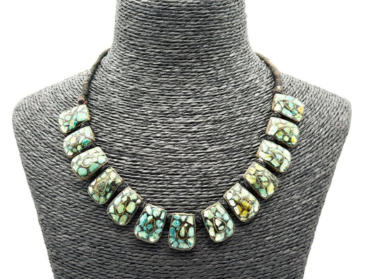 Vintage Indian Ferozi Turquoise Inlay Brass Bib Necklace