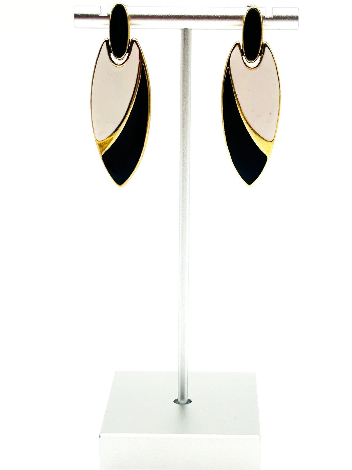 Vintage 1980s Gold Tone Black & White Enamel Marquise Articulated Drop Earrings