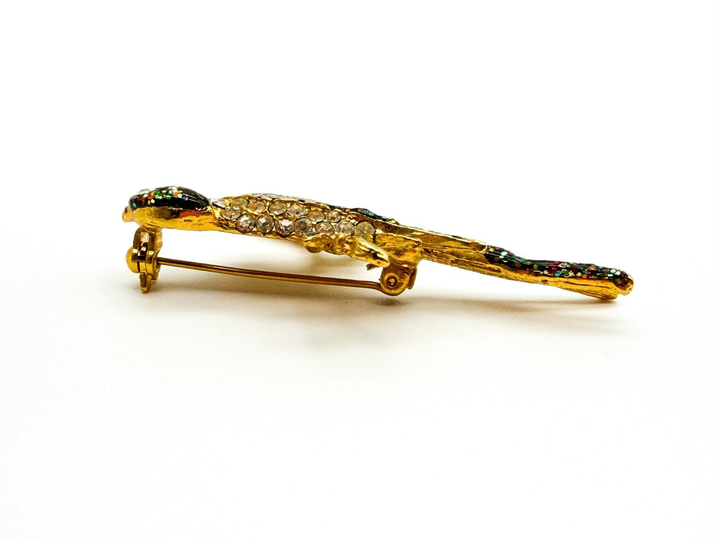 Vintage Gold Tone Bird Brooch Green Glitter Resin Rhinestone Branch Pin