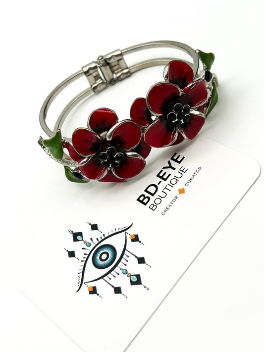 Retro Floral Enamel Bracelet Red Flower Snap Bangle Poppy Silver Tone Statement