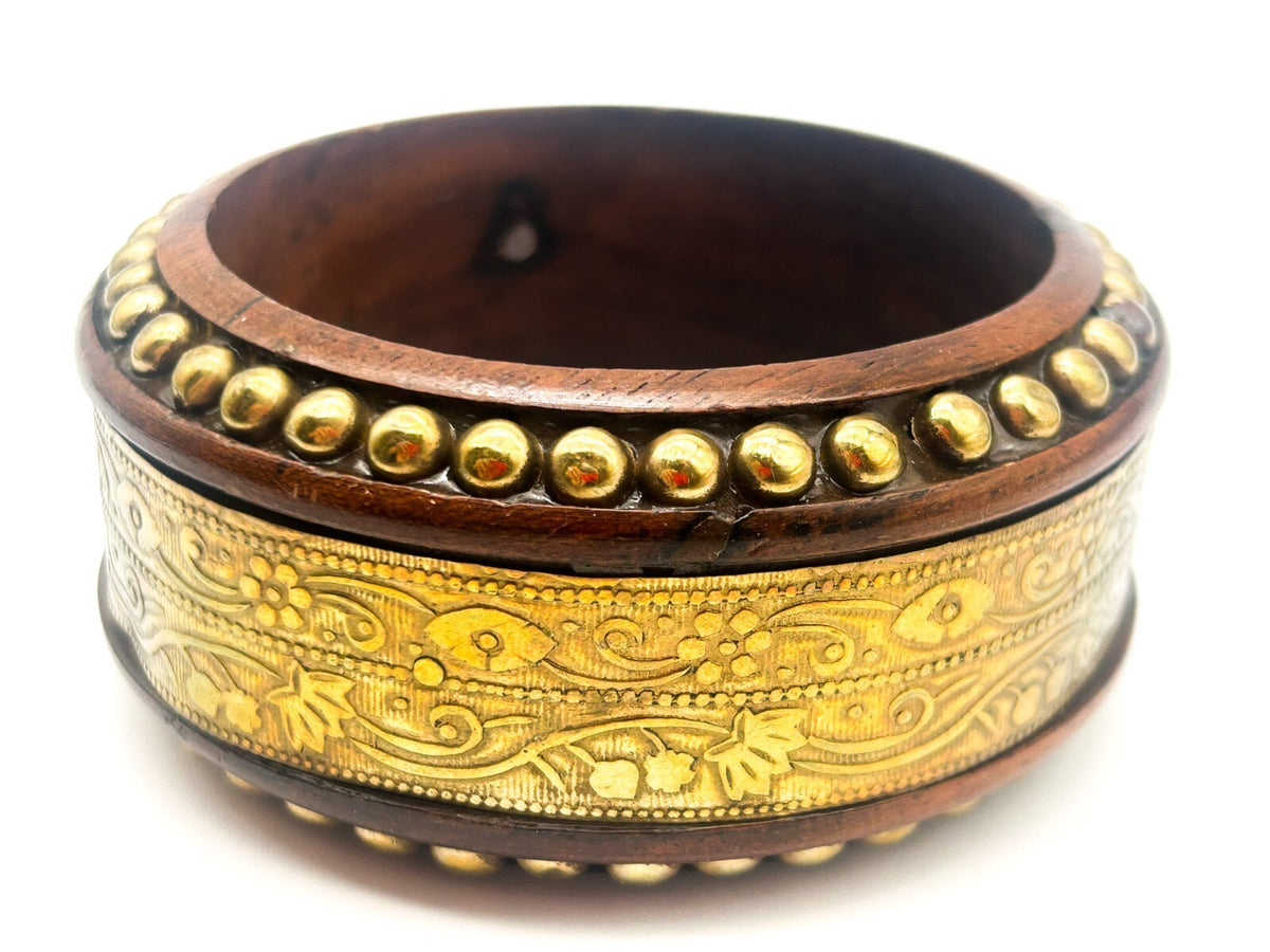 Vintage Dark Wood Brass Bangle Wide Floral Embossed Studded Statement Bracelet