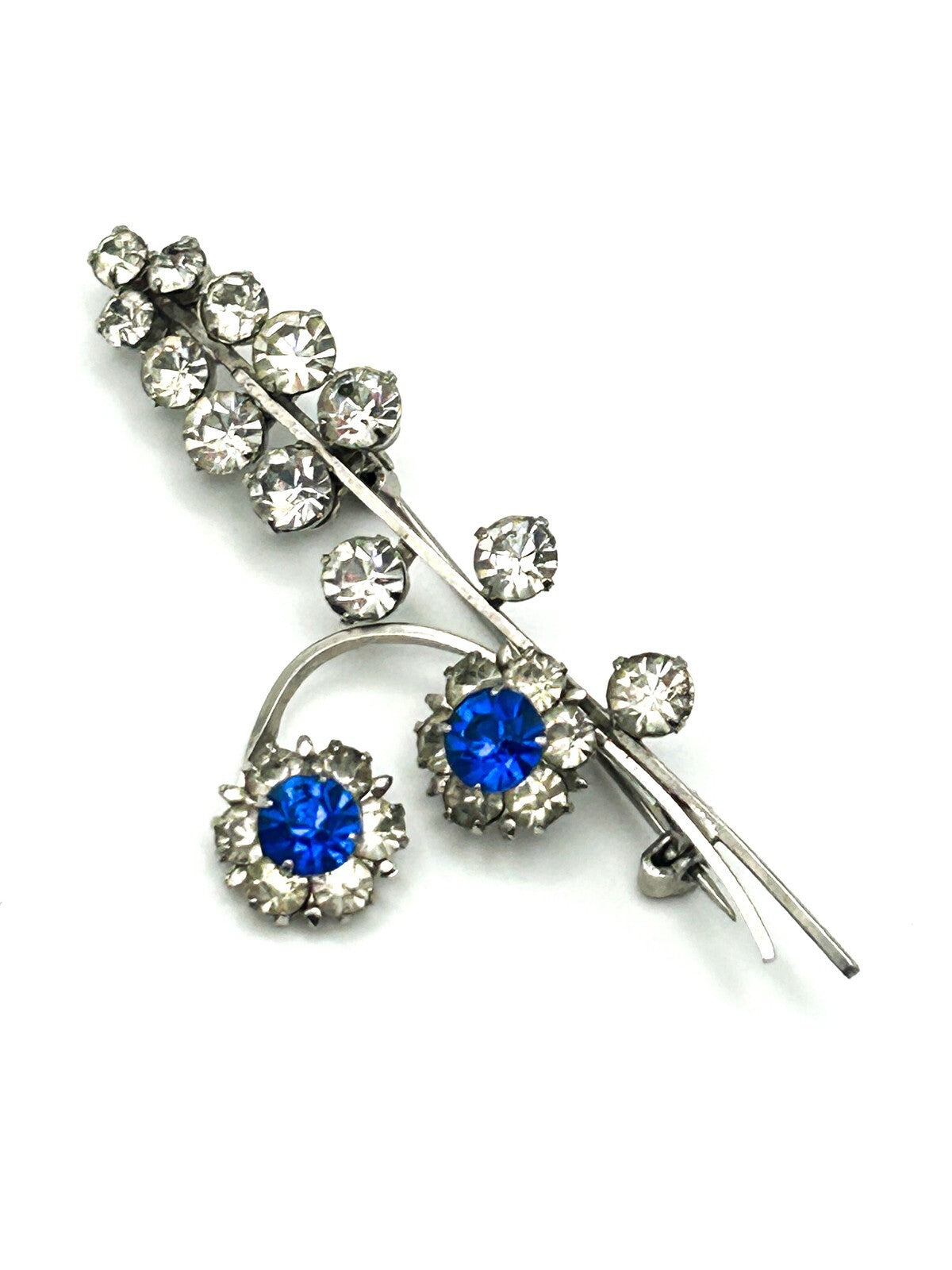 Vintage Blue Rhinestone Brooch Floral Drop Silver Tone Dangle Pin