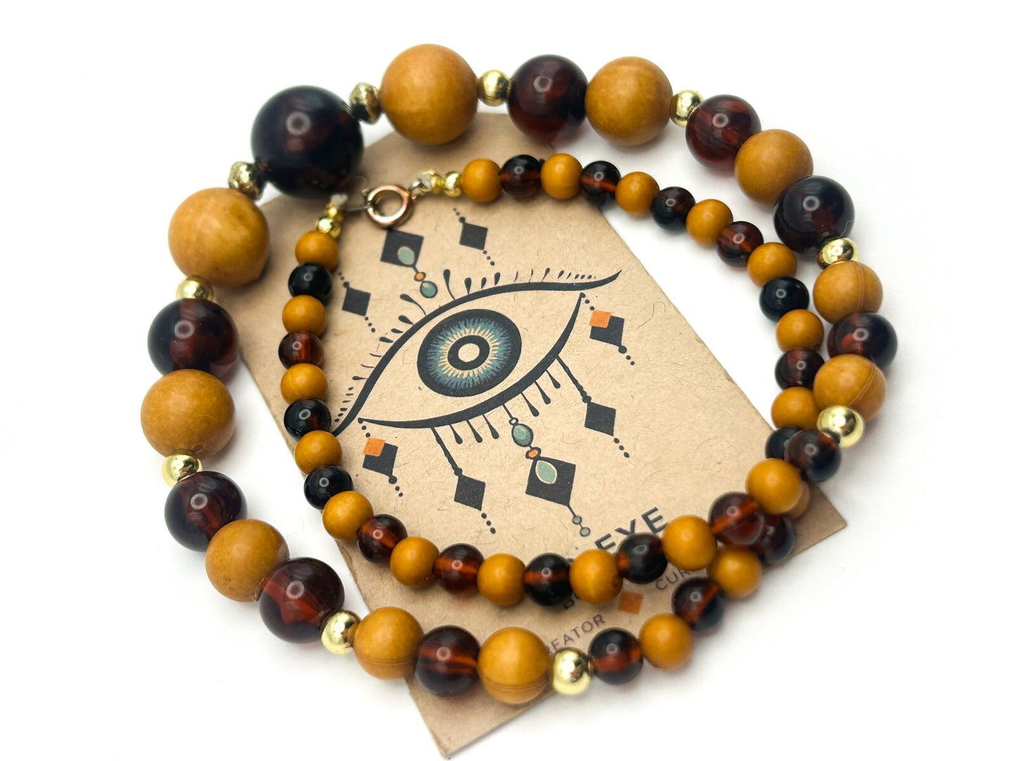 Vintage Wood and Brown Acrylic Beaded Necklace with Gold Tone Spacers 18.5”