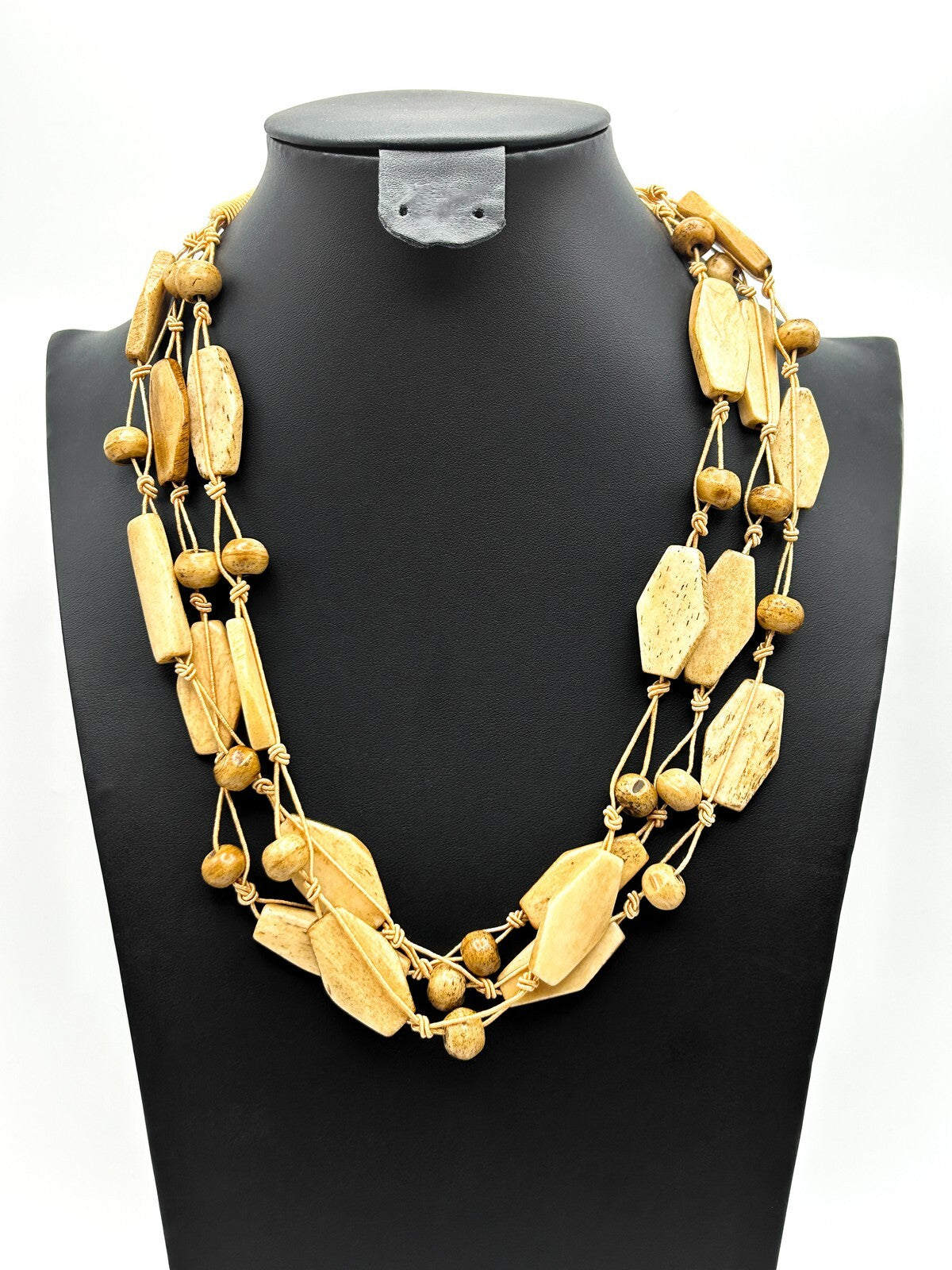 Vintage 70s Multi-Strand Macramé Organic Bead Boho Necklace - Tan & Beige 21.5"