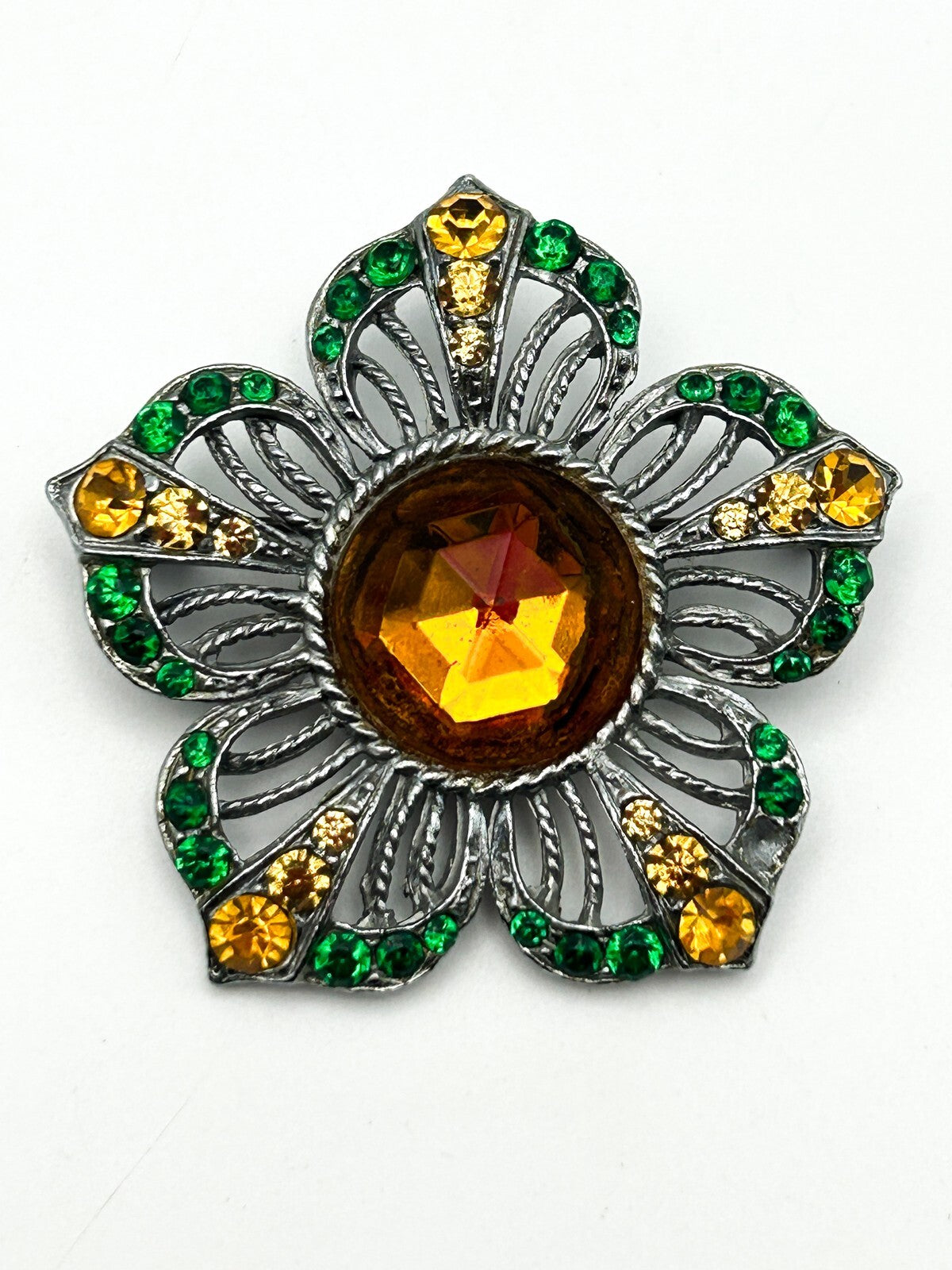 Vintage 1940s Rhinestone Flower Brooch Amber Green Glass Silver Tone