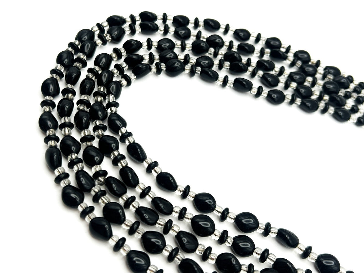 Vintage 5 Strand Black & Clear Glass Beaded Statement Necklace Heavy Layered