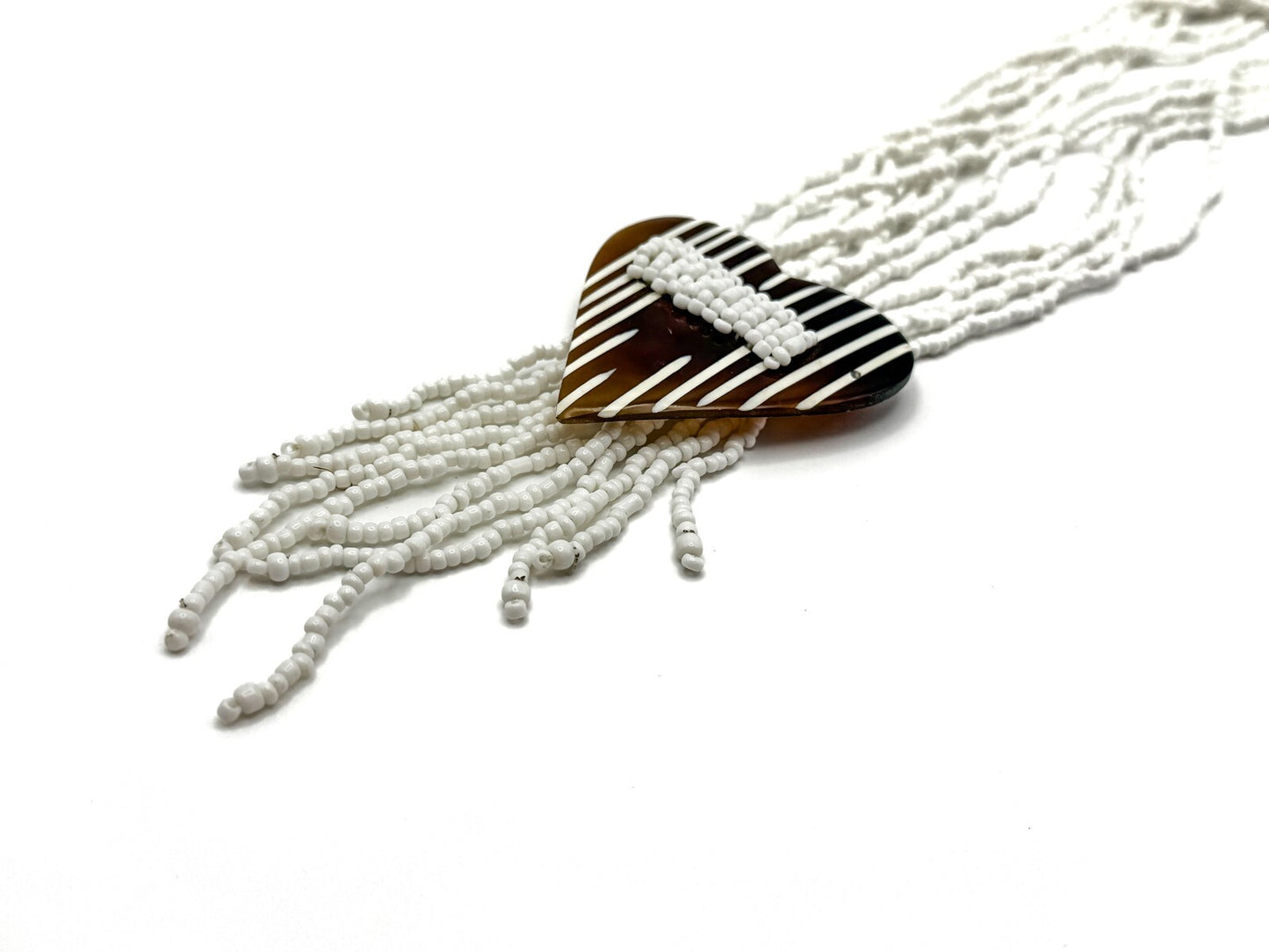 Vintage Multi-strand White Seed Bead Brown Striped Heart Pendant Tassel Necklace