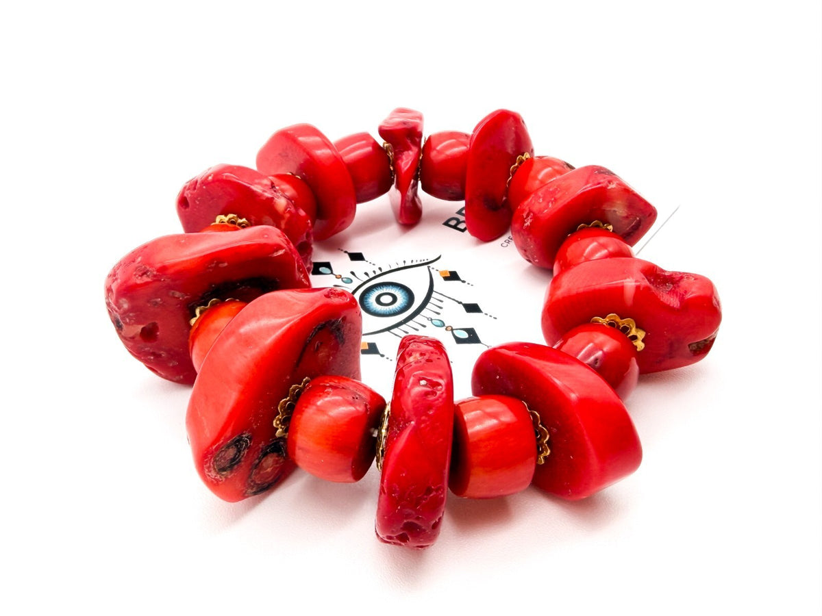 Chunky Red Coral Bracelet Elastic Stretch Statement Bracelet Gold Tone 103g