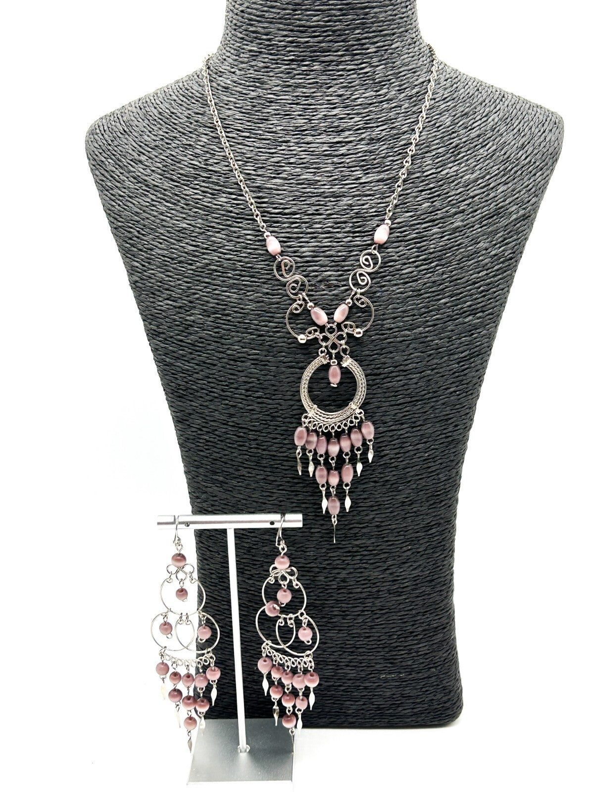 Peruvian Alpaca Necklace Earrings Set Mauve Glass Fringe Boho Chandelier Dainty