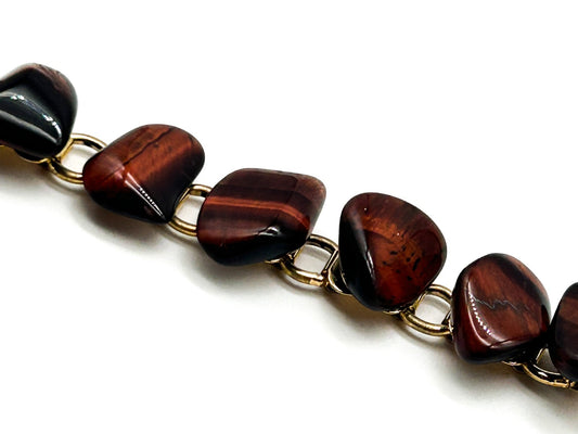 Vintage Red Tiger Eye Bracelet Gold Tone Heart Link Bracelet 7.5” Articulated