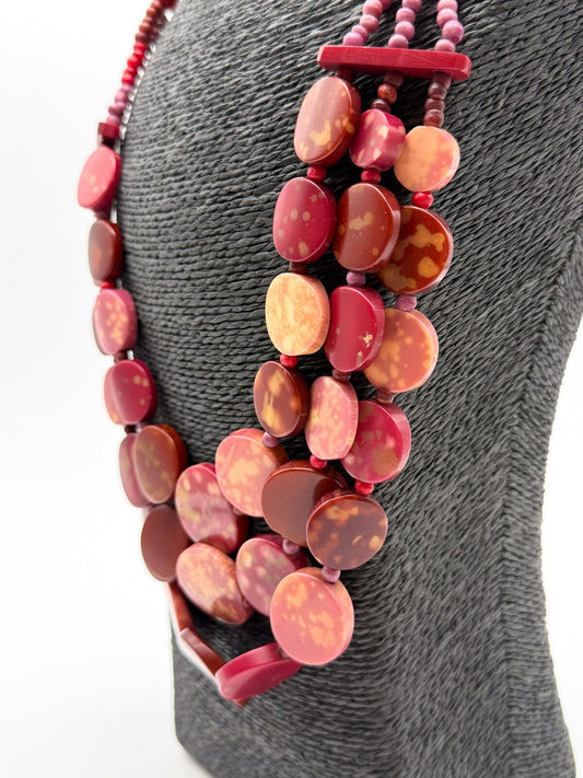 Triple Strand Pink Statement Necklace Red Disc Beads Chunky Layered 25"