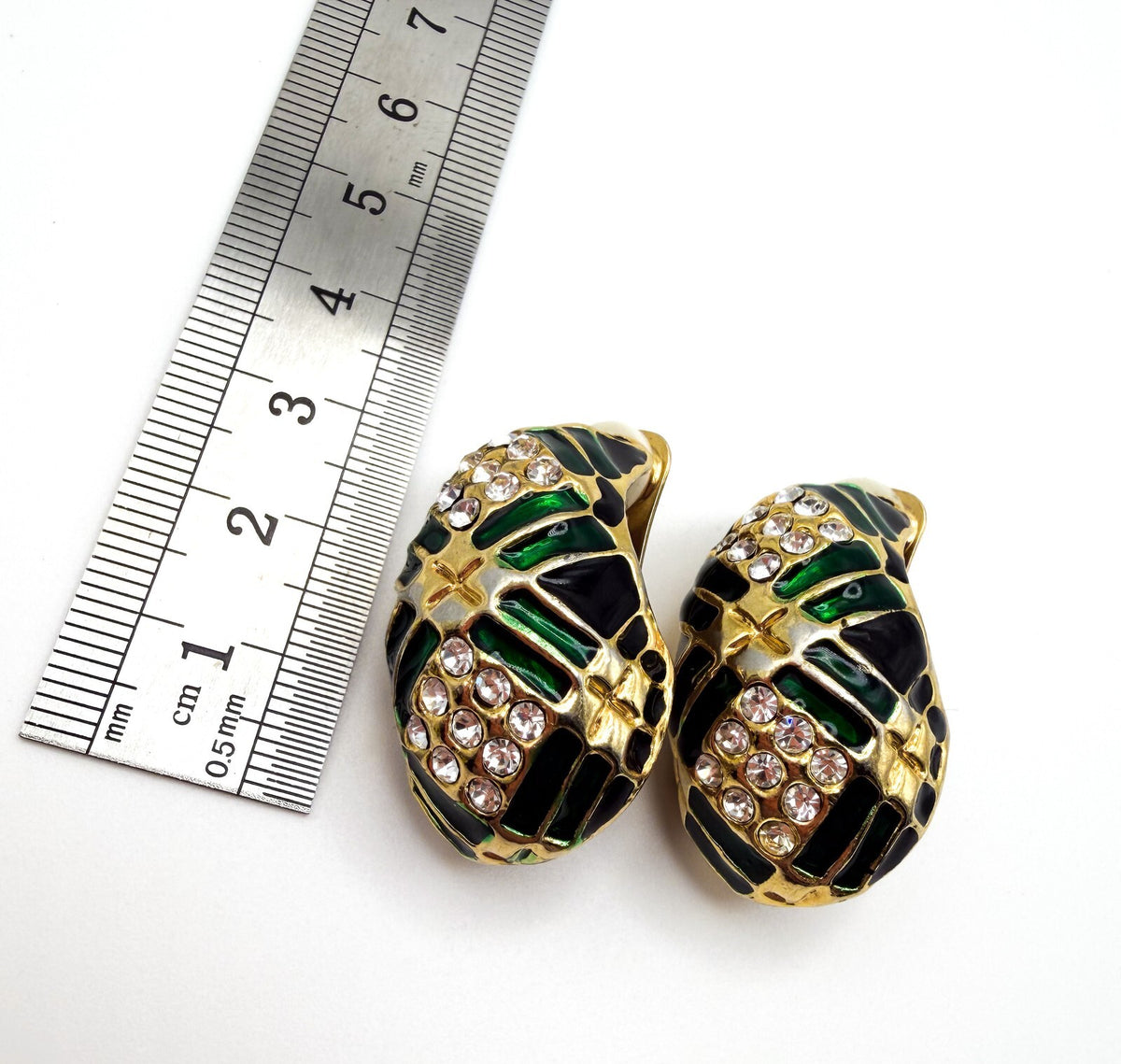 Vintage Gold Tone Green & Black Enamel Rhinestone Half Hoop Clip-On Earrings
