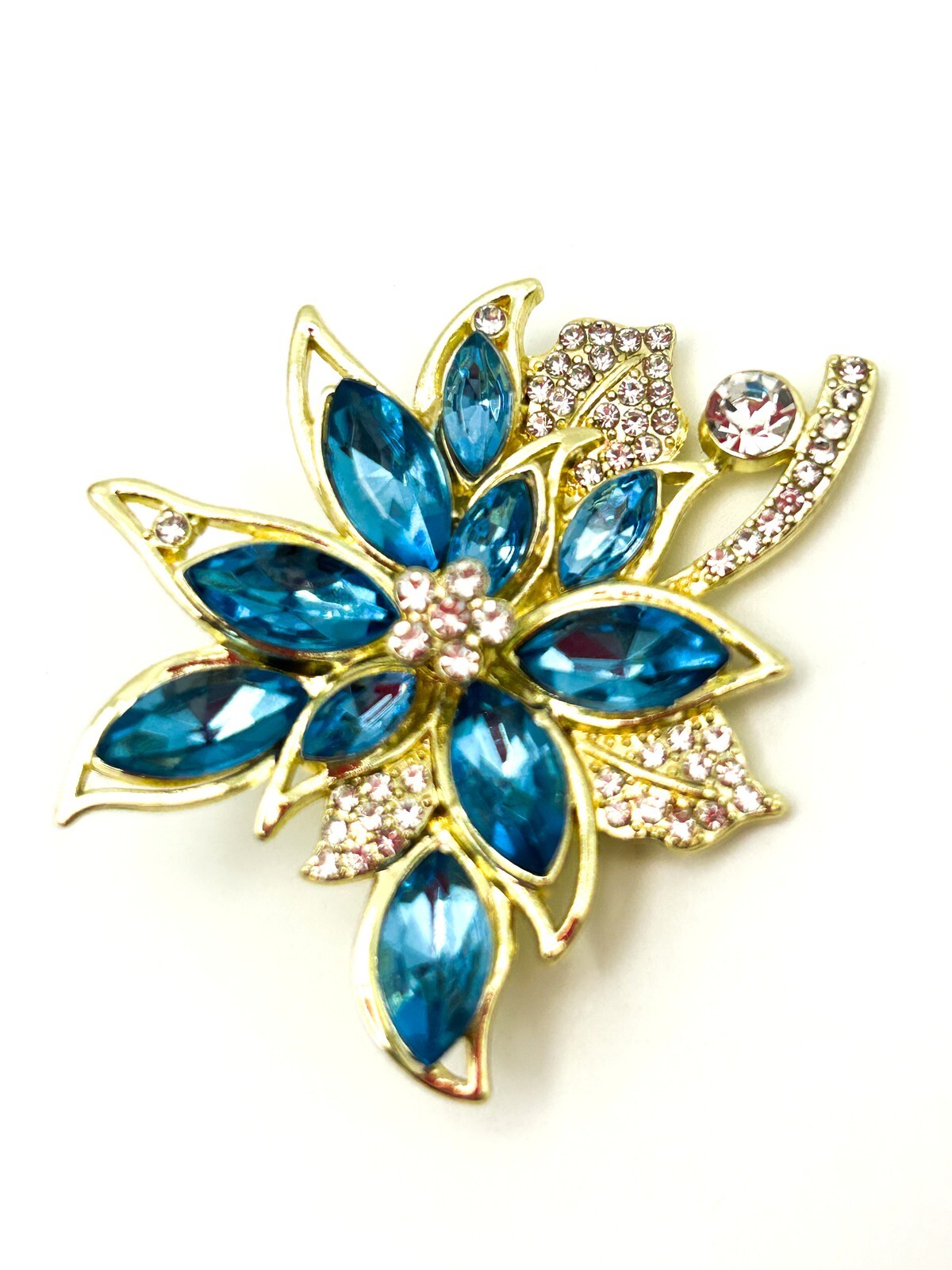 Blue Rhinestone Floral Brooch Bouquet Gold Tone Marquise Crystal Flower Pin