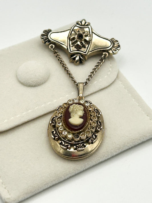 Signed Coro Vintage Locket Brooch Chain Dangle – Some Stones Missing