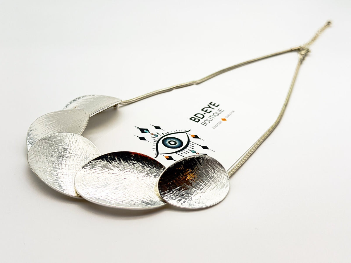 Minimalist Silver Disc Necklace Brushed Metal Overlapping Design 20”