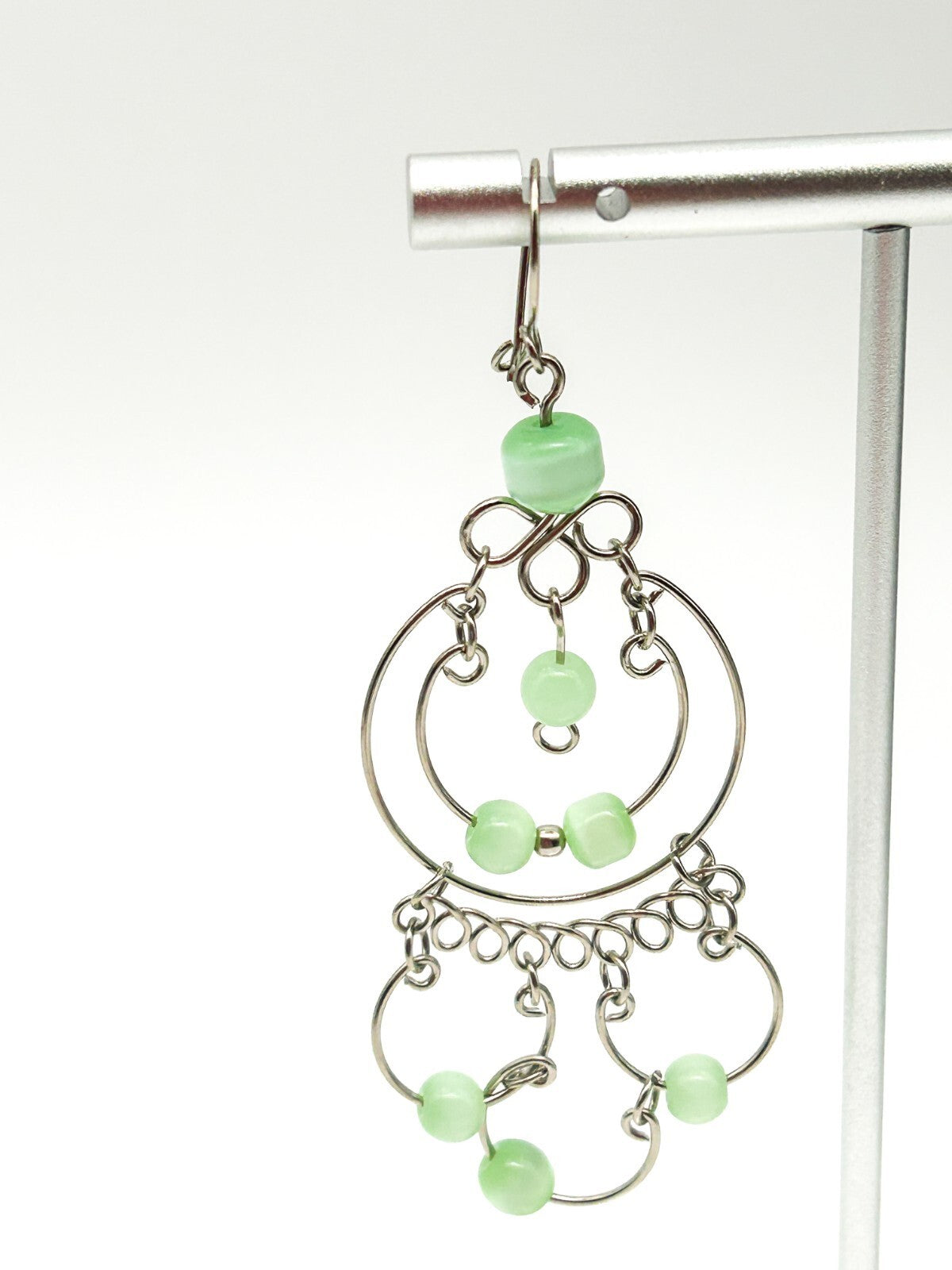 Peruvian Alpaca Pastel Green Cat's Eye Chandelier Necklace & Earrings Set Boho