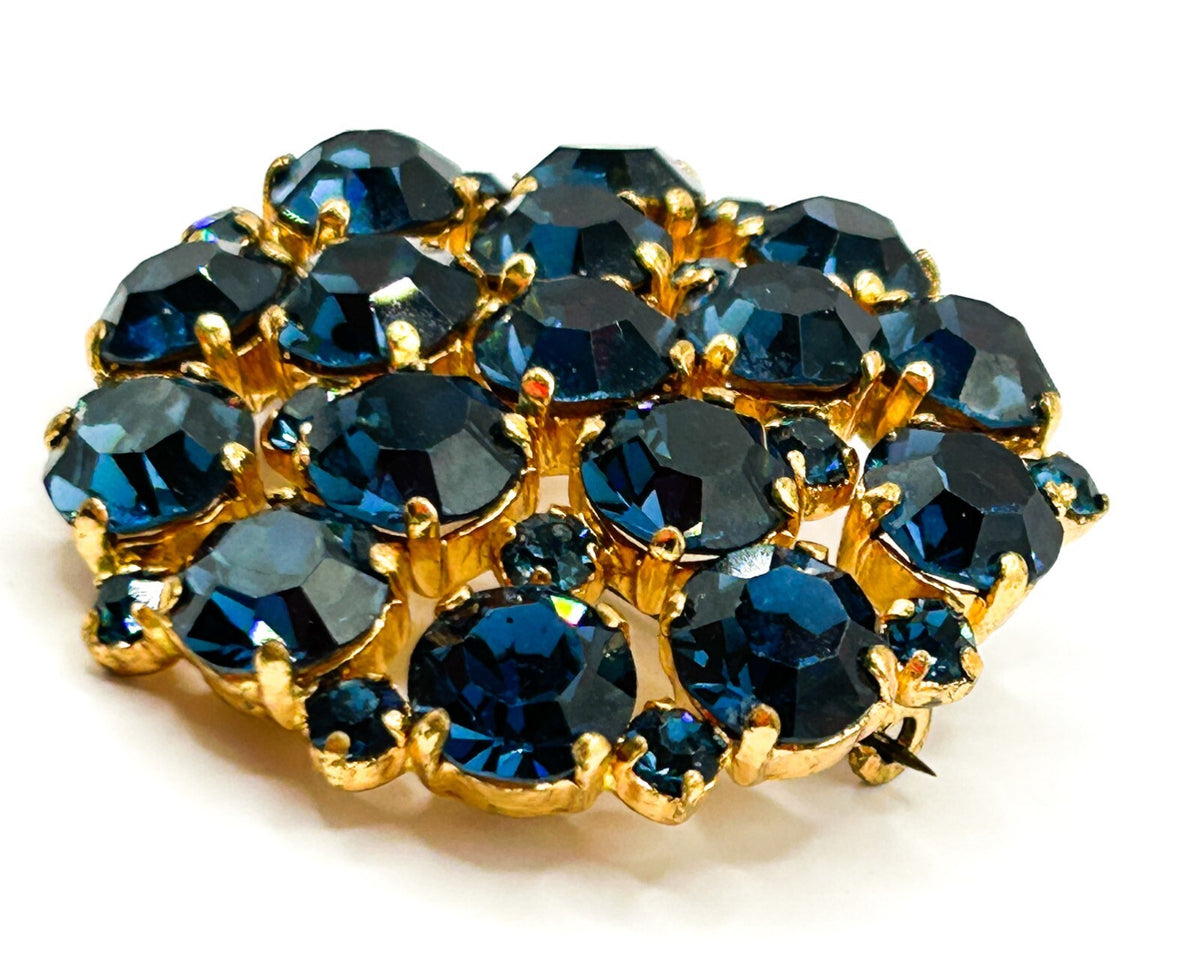 Antique Art Deco Blue Glass Rhinestone Domed Cluster Brooch C Clasp 1920s 30s