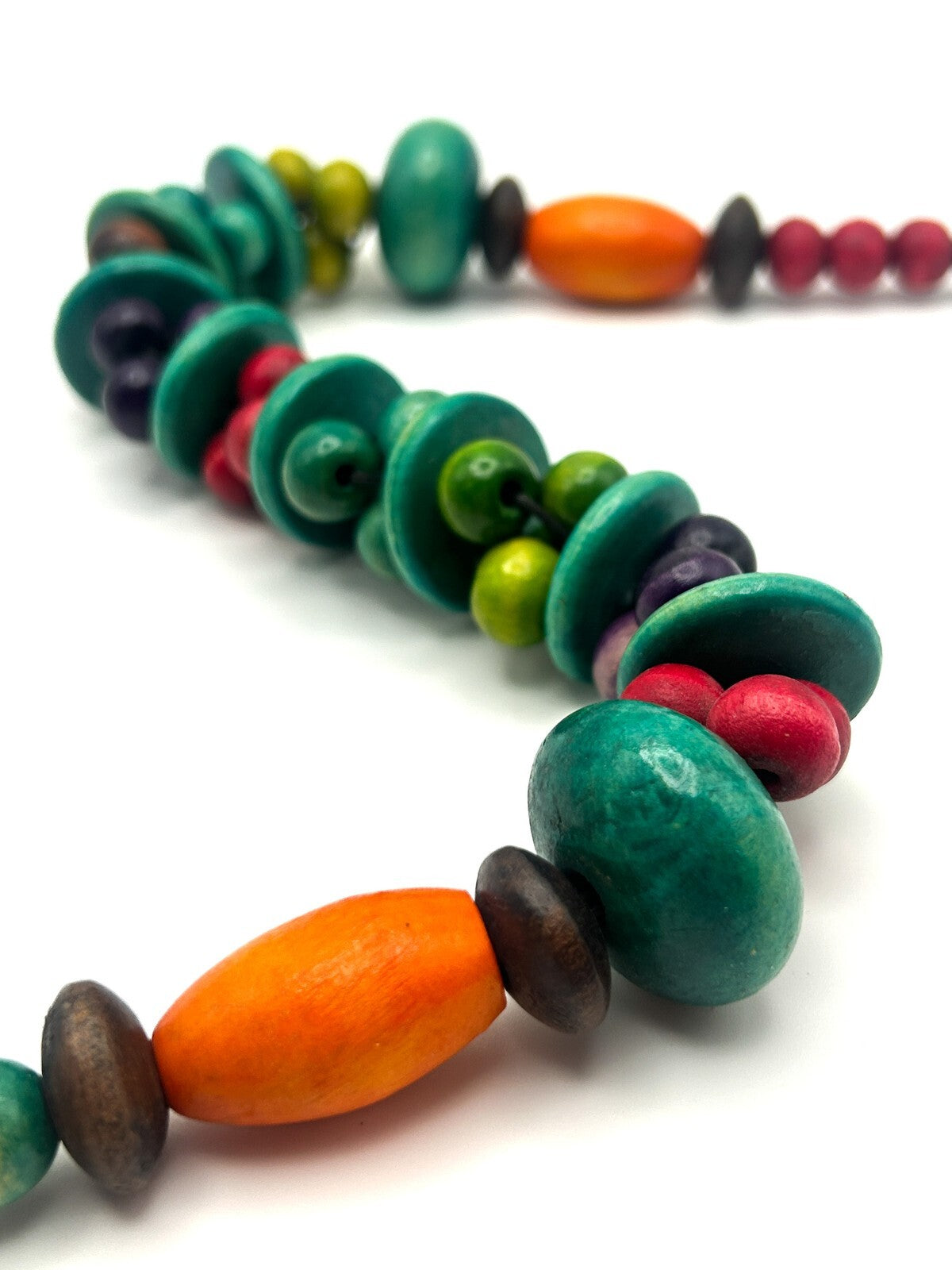 Vintage Multicolour Wooden Bead Necklace with Disc Spacers and Toggle Clasp