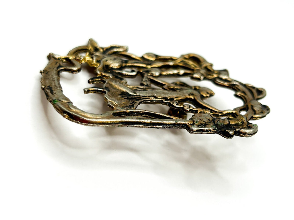 Vintage Art Nouveau Revival Lady Brooch Figural Woman Floral Openwork Gold Tone