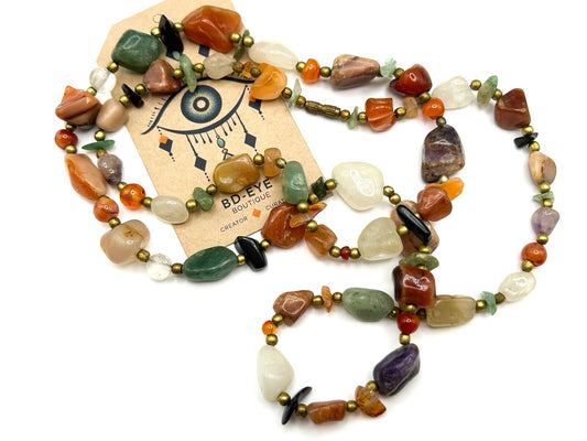 Mixed Semi Precious Gemstone Vintage Necklace - Boho Agate Beggar Beads Multi