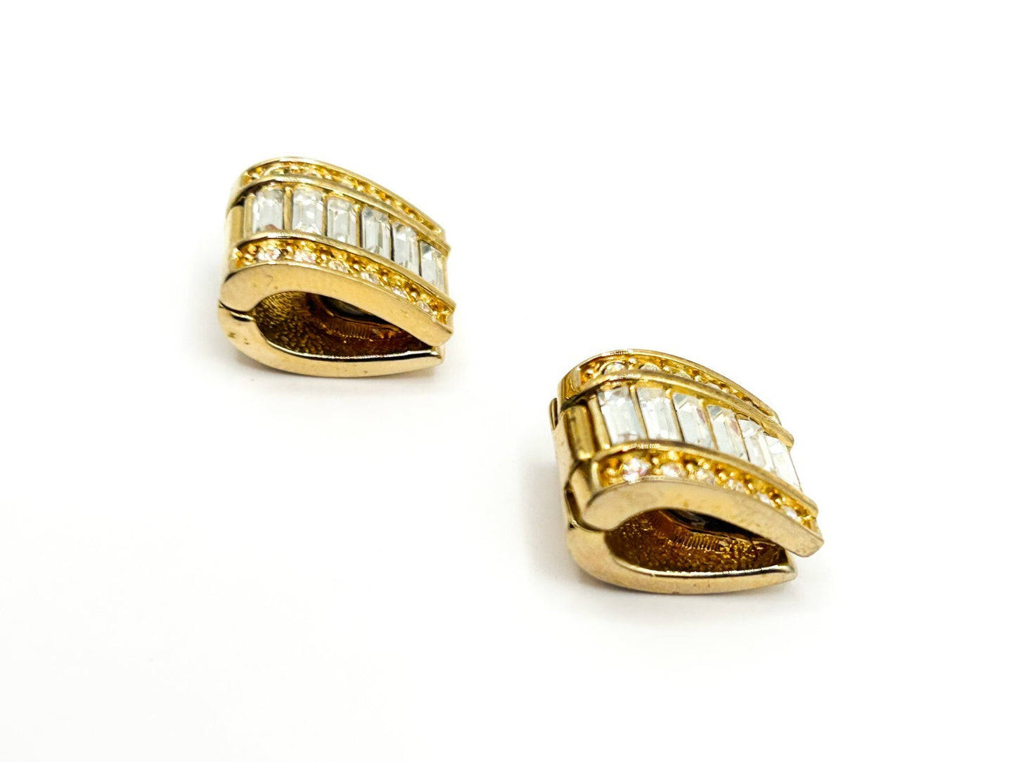 Vintage Monet Gold Tone Baguette Rhinestone Magnetic Earrings Original Card