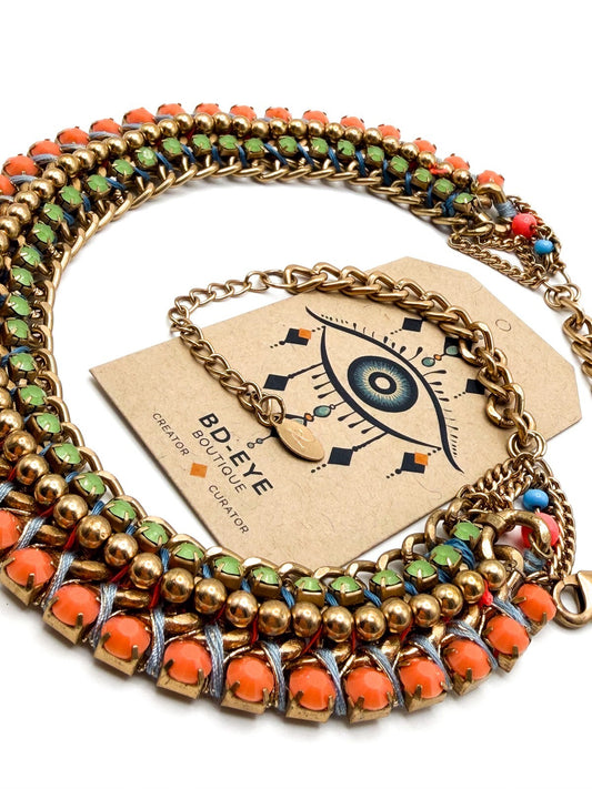 Accessorize Gold Tone Woven Ribbon & Rhinestone Statement Necklace