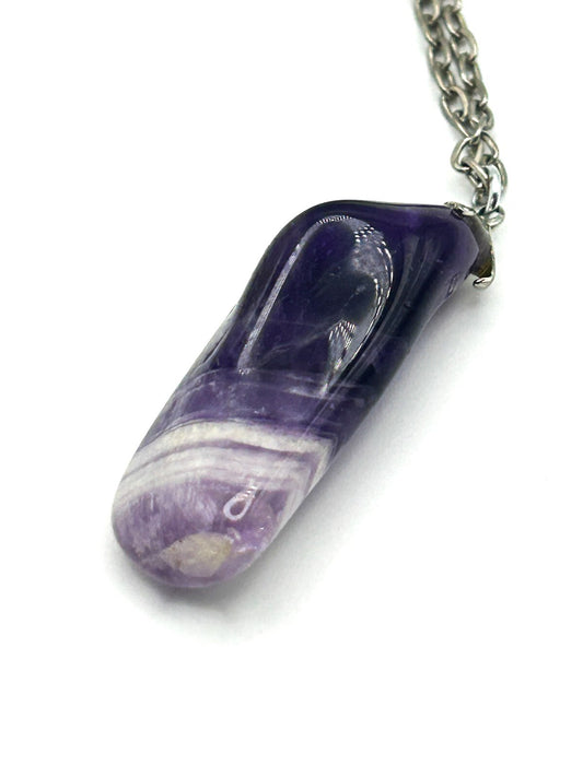 Banded Amethyst Pendant Necklace on Silver Tone Chain