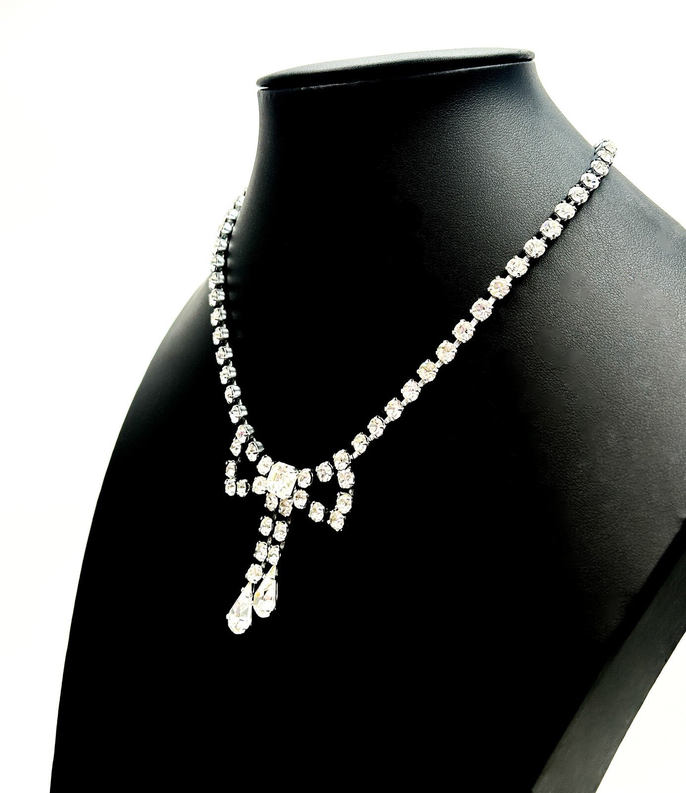 Vintage Rhinestone Bow Necklace Silver Tone Teardrop Dangle Bridal Prom