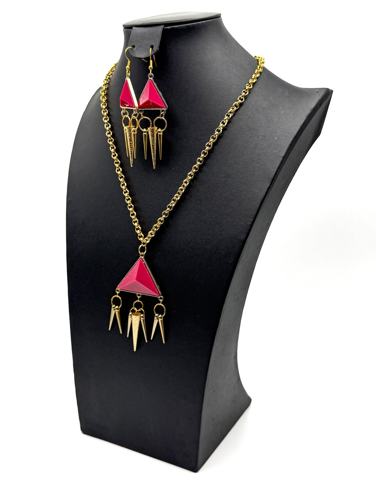 Hot Pink Geometric Pyramid & Spikes Necklace  Earrings Set - Original Re-design