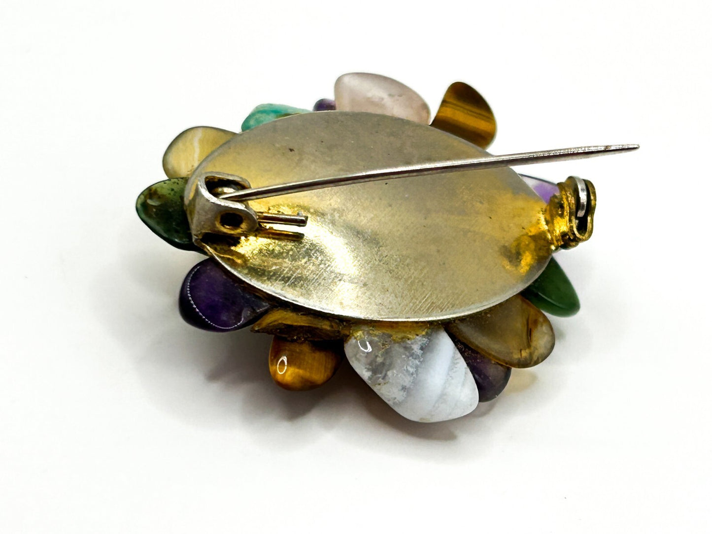 Vintage Semi Precious Gemstone Cluster Brooch Amethyst Carnelian Tigers Eye
