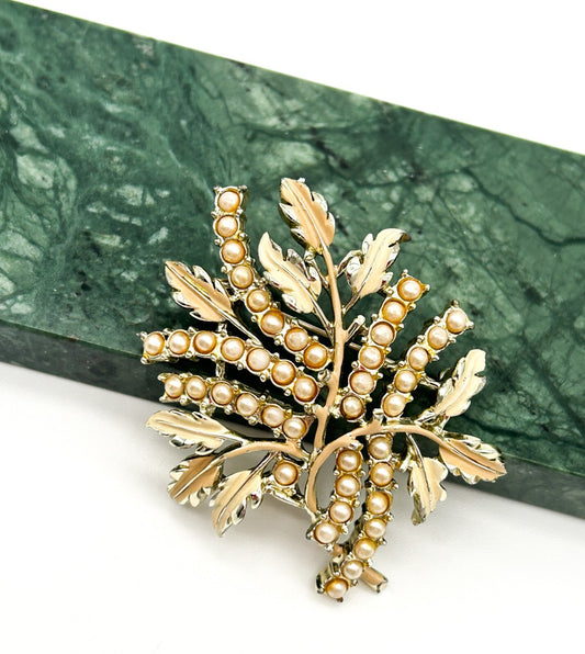 Vintage Jewelcraft Coro Faux Pearl Leaf Spray Brooch Silver Tone Floral Pin