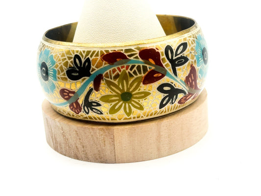 Vintage Brass Bangle Blue Red Painted Floral Statement Bracelet Gold tone Retro