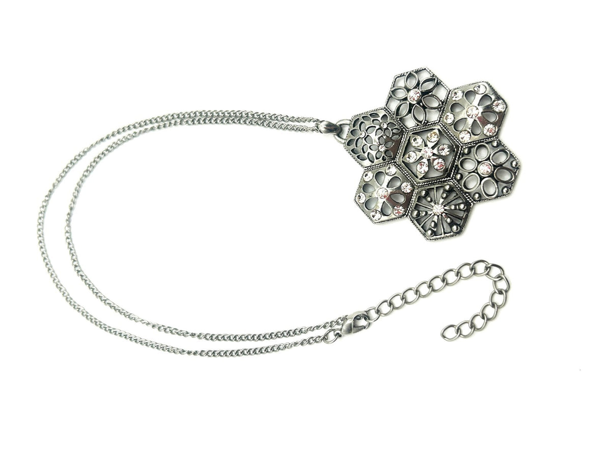 Vintage Silver Tone Hexagonal Floral Filigree Pendant Necklace
