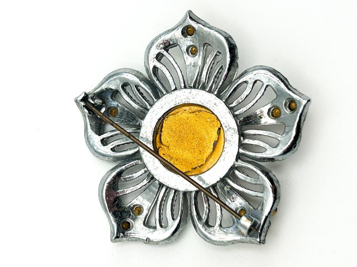 Vintage 1940s Rhinestone Flower Brooch Amber Green Glass Silver Tone