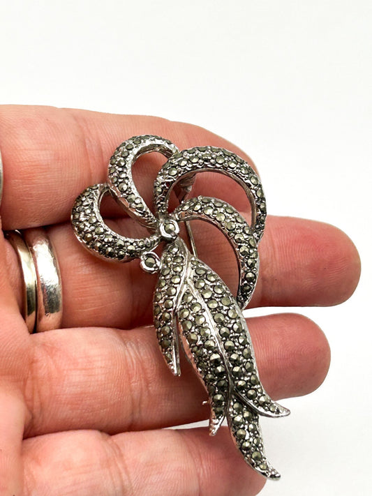 Vintage Marcasite Floral Spray Brooch Silver Tone Art Nouveau Style Abstract