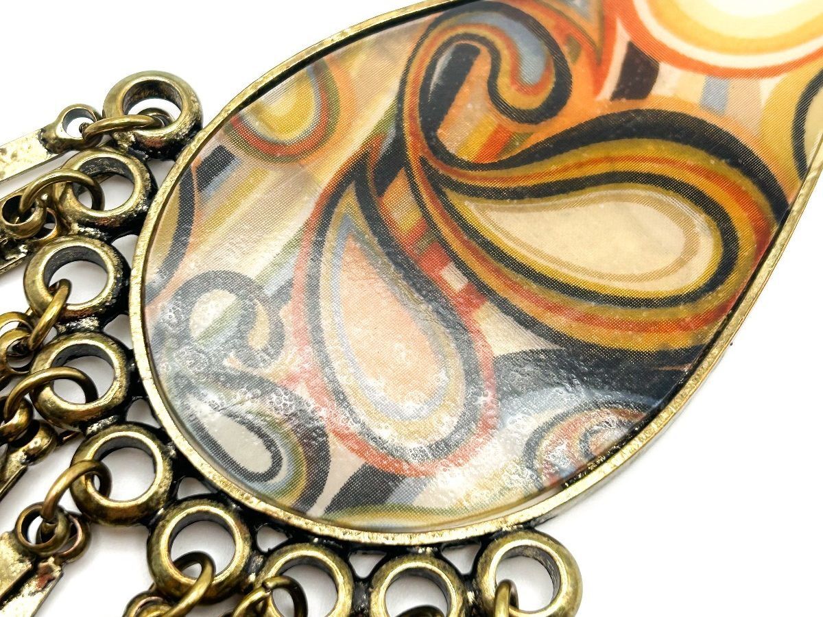 Large Retro 1970s Style Statement Pendant Orange Swirl Tassel Antique Gold Tone