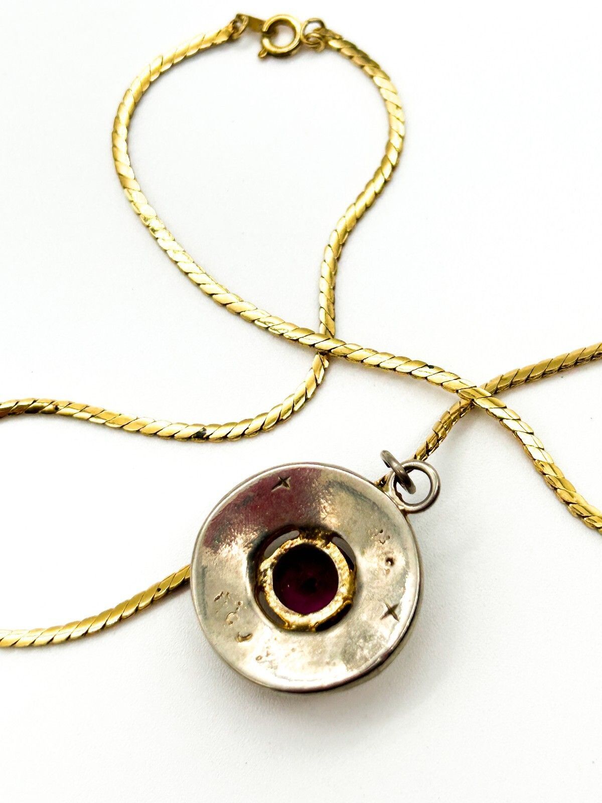 Vintage Purple Glass Statement Pendant Necklace Gold Tone Retro Jewellery