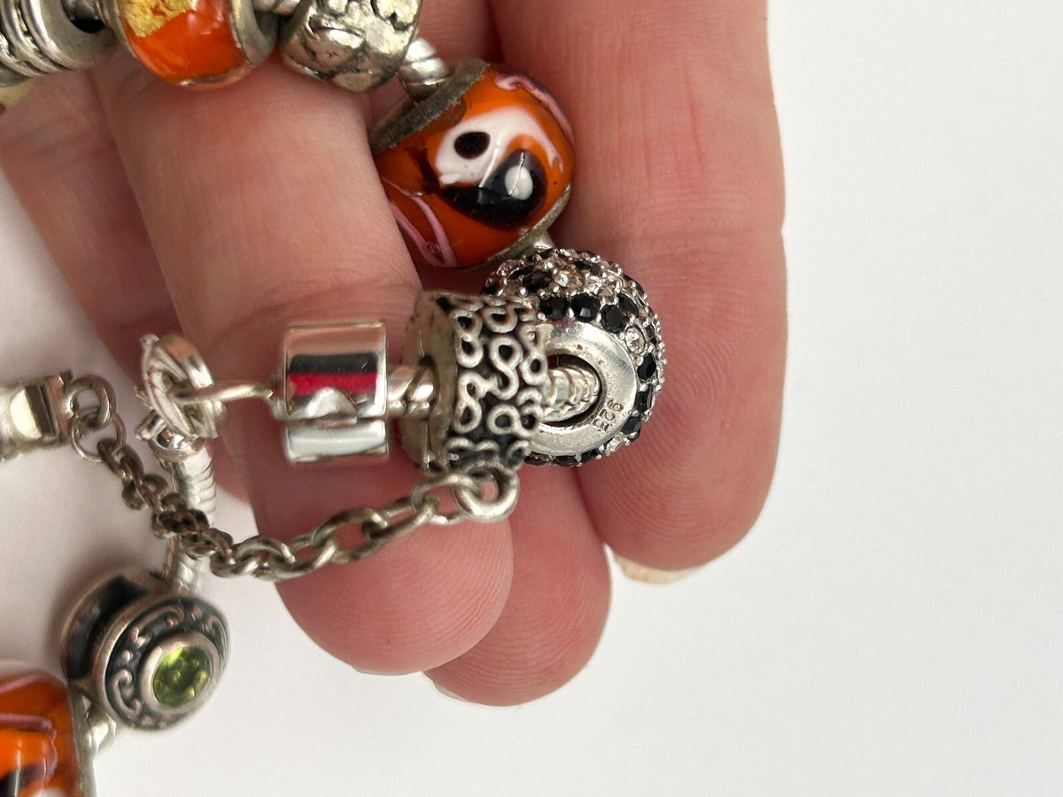 Orange Glass Charm Bracelet European Beads Yin Yang Dice 925 Sterling Charm