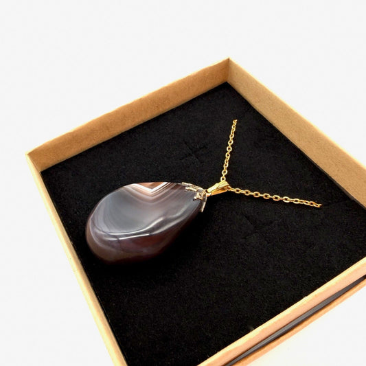 Vintage Banded Agate Nugget Pendant Necklace Brown Orange White Gold Tone 25”