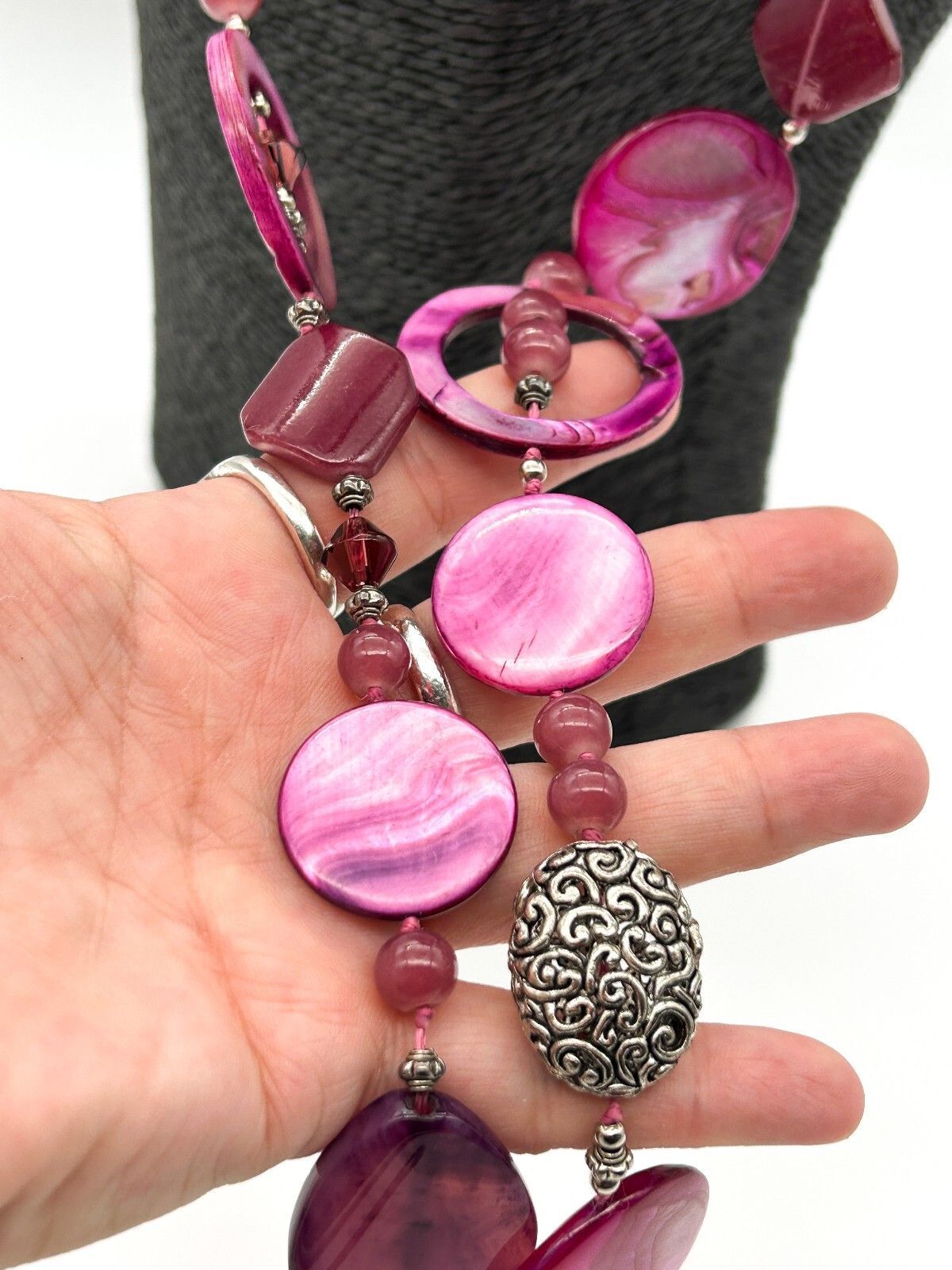 Hand Knotted Pink Shell Statement Necklace Magenta Purple Glass Boho